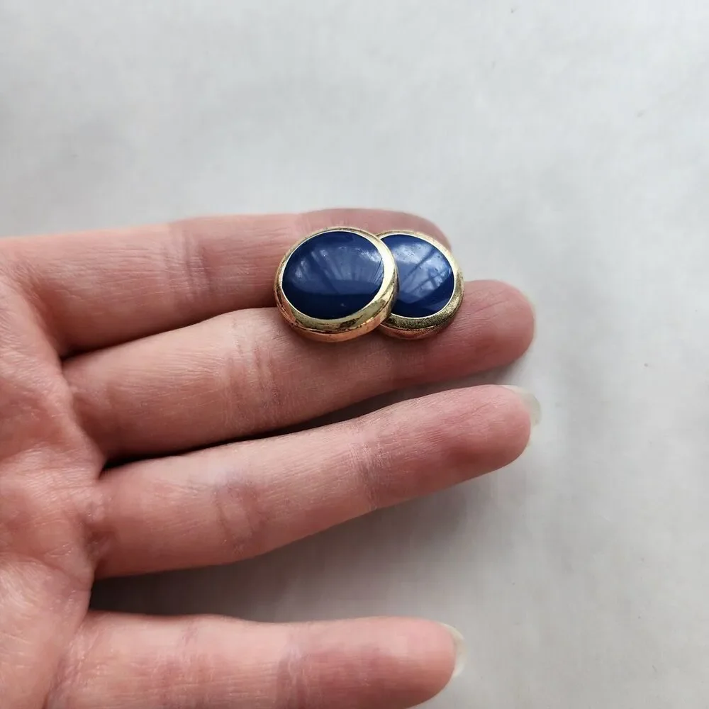 Dillards Vintage Gold Round Button Blue Inlay Post Back Earrings 925 Stamped‎
